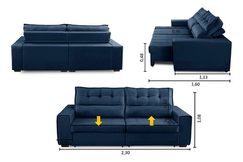 Sofá Retrátil Reclinável 3 Lugares Molas 2,30m Camila Suede Cor Azul