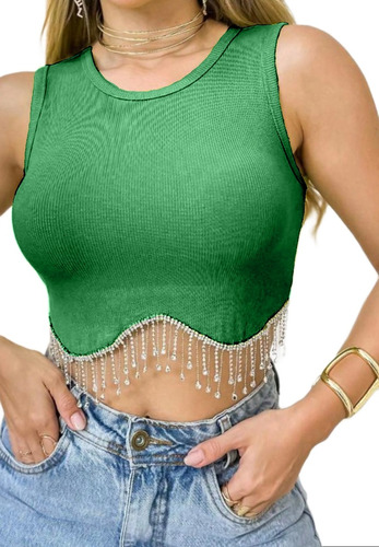 Crop Top Juvenil Borlas Flecos Diamantes Moda Mujer