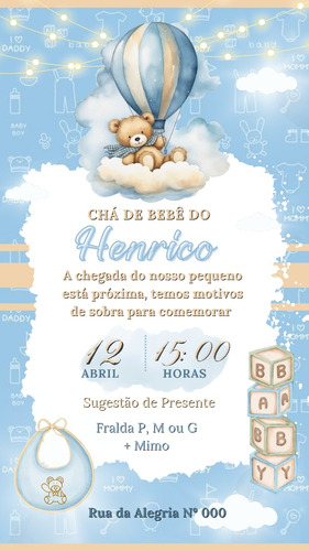 Convite Digital Chá De Bebê Ursinho 