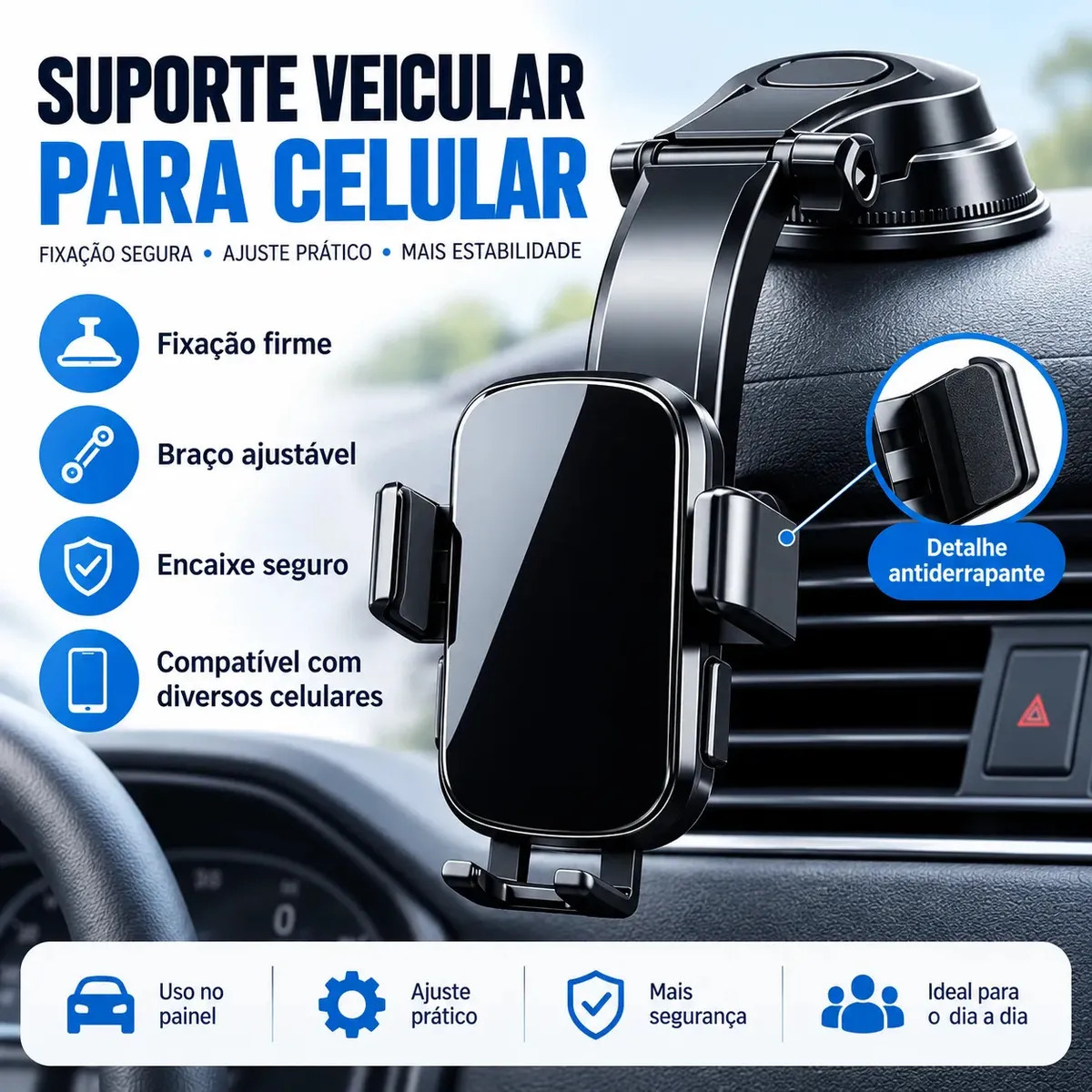 Suporte De Celular Veicular Automotivo Pra Carro Mesa Porta Painel Parede Caminhão Vw Up Jetta Volkswagen Ônix Corolla Gol 360° Universal