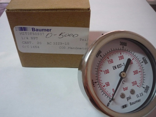 Imagen 2 de 2 de Manometro De 0-5000 Psi, Conexión Trasera. 1/4 Baumer. 16$