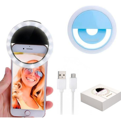 Mini Aro De Luz Led Selfie Recargable Para Celular Celeste