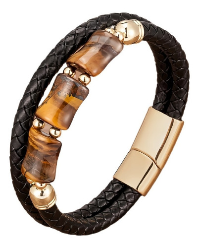 Pulsera Brazalete Trenzada Cuero Piedra Ojo De Tigre Hombre