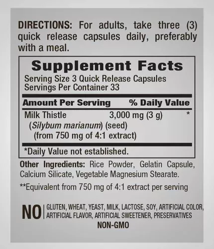 Cápsulas de extracto de cardo mariano | 1000 mg | 100 unidades | Suplemento  sin OMG y sin gluten | por Nature's Truth