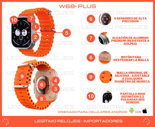 Imagen 3 de 10 de Reloj Inteligente Ultra Smartwatch Sport Tope Gama W68+ Plus