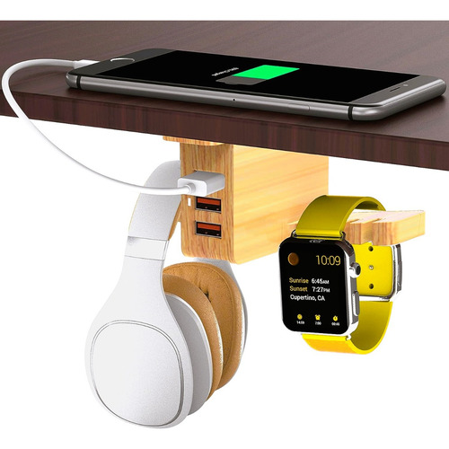 Soporte Para Auriculares De Madera Con Cargador Usb