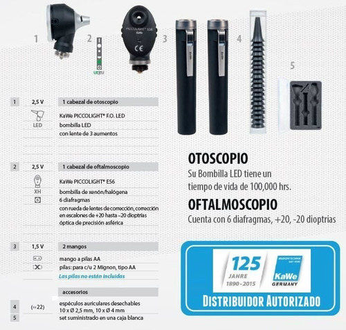 Set Otoscopio Oftalmoscopio Azul Kawe Piccolight Led Xenón