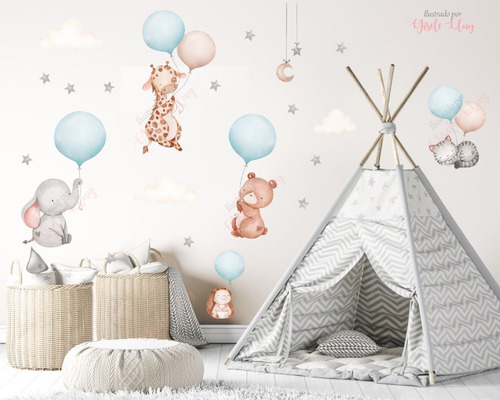 Vinilo Decorativo Infantil Animales Acuarela En Globos Nene