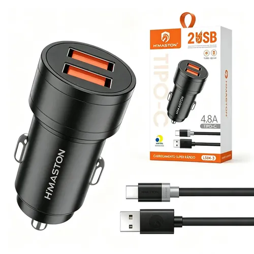 Carregador Veicular H'maston LS04-3TX Turbo com 2 Portas USB e Cabo