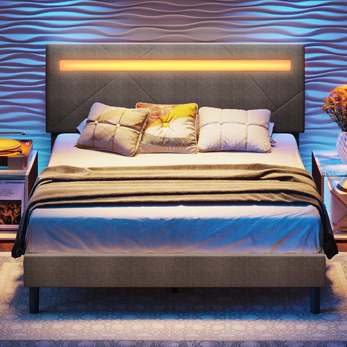 Base De Cama Matrimonial Likimio Con Luces Led Gris