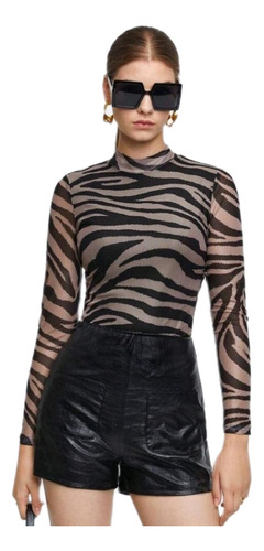 Blusa Polera Animal Print Zebra Manga Larga