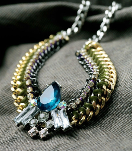 V Collar Gota Cristal Azul Eslabon Tejido Evento Social