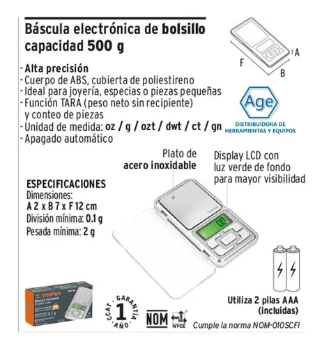 Báscula electrónica de precisión, de bolsillo, 500 g, Truper