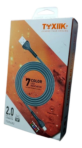 Cable Cargador  Toxiik 2 Tok482 2 Mtrs 2.4a 7 Led Color