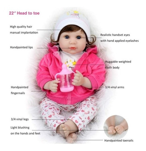 Imagen 6 de 6 de Bebe Muñeca Reborn Realista De Silicona Y Algodón 55cm