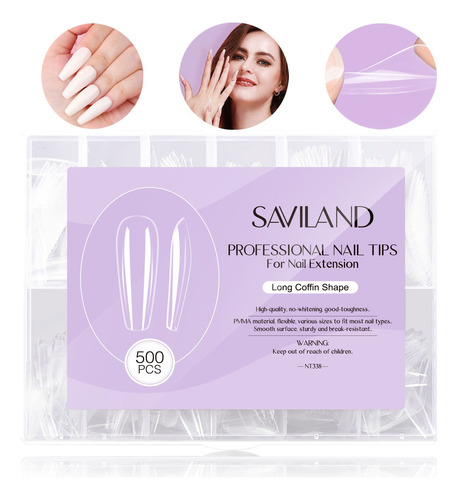  Saviland, 500 Tips Punta Coffin, Uñas Postizas Transparente