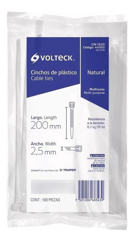 Cincho Plástico 18 Ib 20cm X 2.5mm Bolsa 100pz Volteck 44302