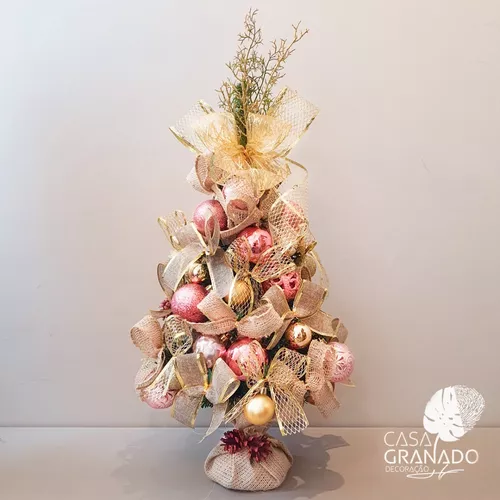 Árvore De Natal Rosa E Dourado Decorada Pronta P Uso 70cm