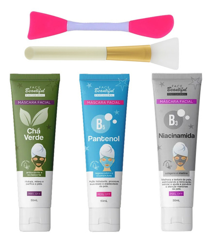 3 Máscaras Facebeautiful Com 2 Pinceis Silicone Kit Skincare