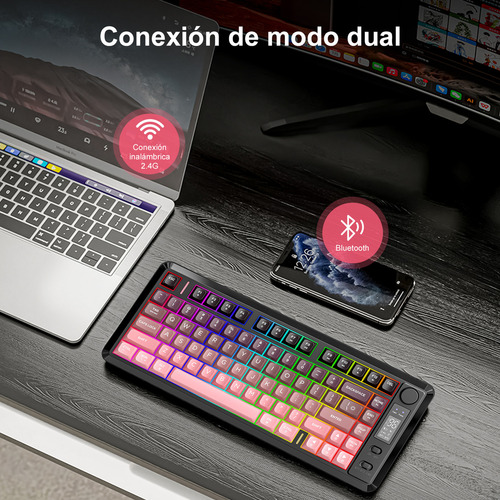 Teclado Free Wolf M75 Rgb Inalámbrico Bluetooth Con Pantalla Rosa