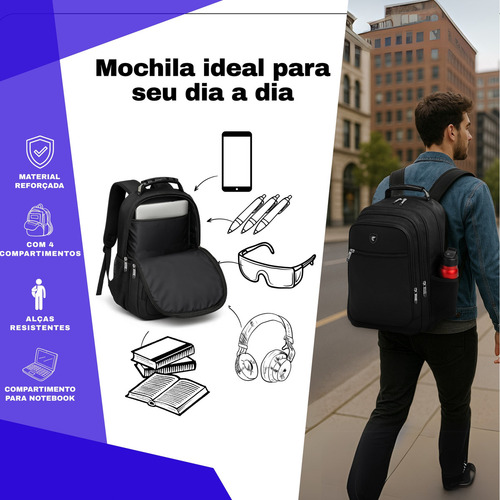 Mochila Masculina Impermeável Reforçada Alça Forte Grande Faculdade Escola Trabalho Resistente Cor Preto