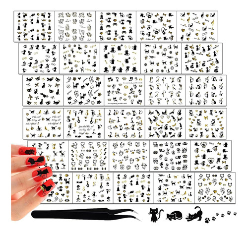 Silpecwee 30 Hojas 3d Pegatinas De Uñas Golden Black Cats Na