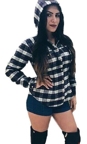 Blusa Camisa Feminina Xadrez Flanelada Com Touca C/ Touca