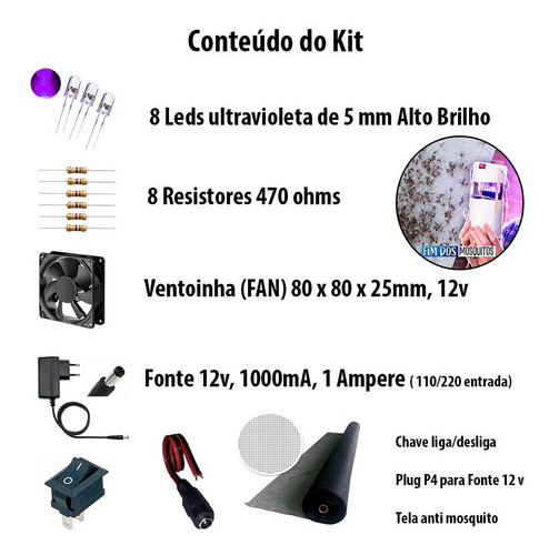 Imagem 1 de 9 de Kit Led P/ Armadilha De Mosquito Led+resistor+fonte+conector