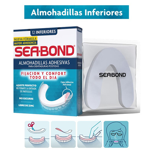 Almohadillas adhesivas Sea-bond dentaduras postizas inferiores 12 Pz