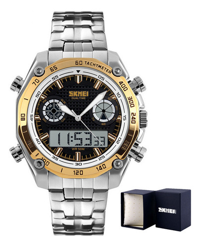 Relojes impermeables de acero inoxidable para hombre de negocios Skmei, color de fondo plateado/dorado