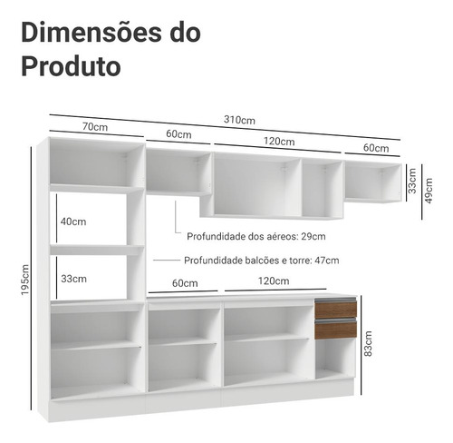 Armário De Cozinha Completa 100% Mdf 310 Cm Smart 02 Brc Cor Branco/Rustic/Crema