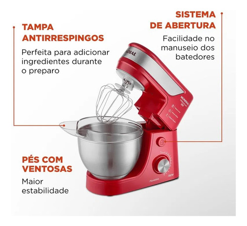 Batedeira Planetária Premium Inox Bp-02p-r-ti Mondial Cor Vermelho/inox Vermelho