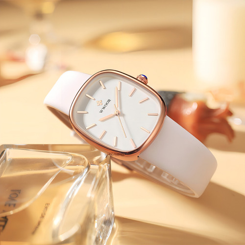 Reloj De Cuarzo Impermeable Cuadrado De Cuero Wwoor Color Del Bisel Blanco Plateado