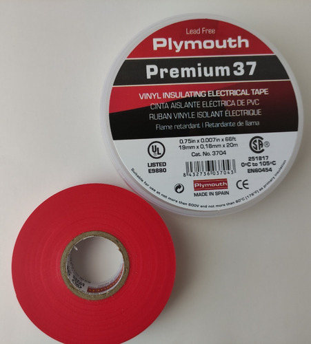 Cinta Aislante Plástica Plymouth Premium 37 Rojo Teipe