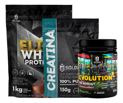 Kit:elite Whey 80% 1kg+creatina 150g+prétreino Evolution300g Sabor Elite Chocolate Belga - Evolution Limonada Suiça