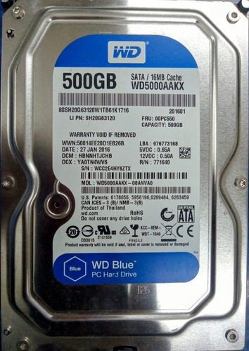 Disco Rigido De 500 Gb Pc Escritorio 3.5 Wd5000aakx Blue Plateado (Usado)