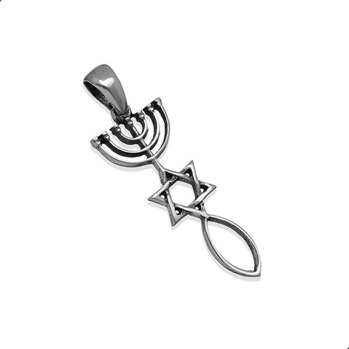 Imagem 1 de 3 de Pingente Menorah Estrela Davi Peixe Prata 925 Fp- 31059601
