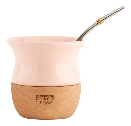 Mate Chaco De Cerámica Y Madera + Bombilla Inox + Funda Color Rosa