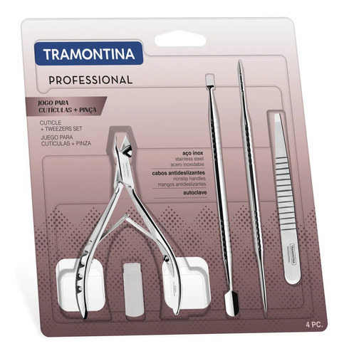 Kit Alicate De Cutícula Tramontina 4 Peças Aço Inox C/ Pinça