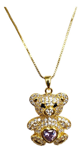 Collar De Oso Con Zirconia  Lila De Chapa De Oro De 18k