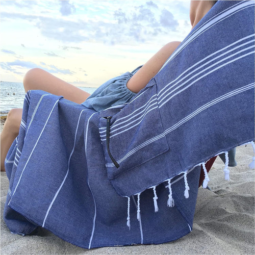 Toalla De Playa A Rayas Con Bolsillo Con Cremallera Y Bordes