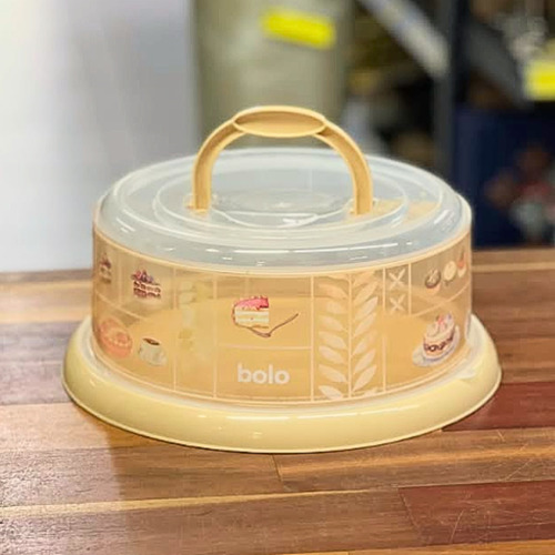Boleira Plasútil Redonda Com Tampa Rosca Decorada - Bege