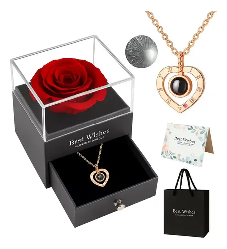 Presente Feminino Rosa Eterna + Colar Eu Te Amo 100 Idiomas