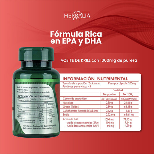 Aceite De Krill Puro Herbalia Lab Rico Epa Y Dha 90 Cáps Vitaminas Sabor Sin Sabor