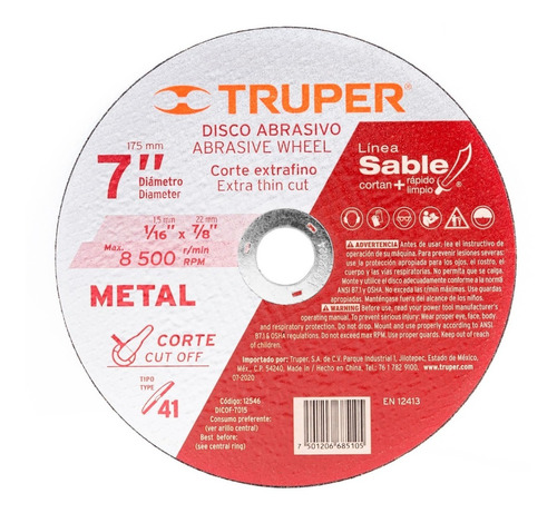 Disco Corte Fino Metal 7'' 1.5 Mm Tipo 41 Sable Truper 12546