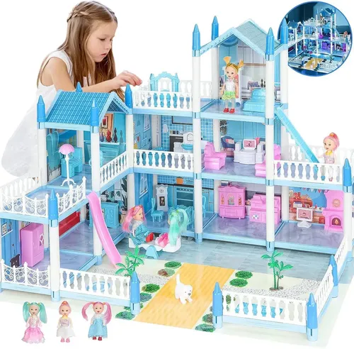 Casa De Muñecas De Madera De 2 Pisos Con Muebles - Color Rosa Con Piscina Y Balcón - Juguete Para Niñas 3+ Años