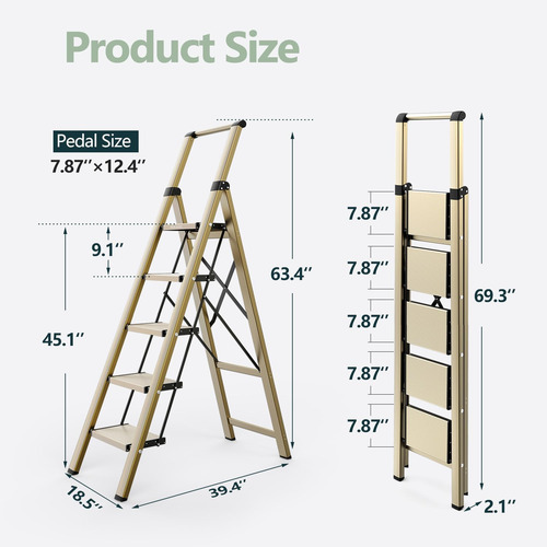 Escalera Plegable De 5 Escalones Con Pedales Anchos, Escaler