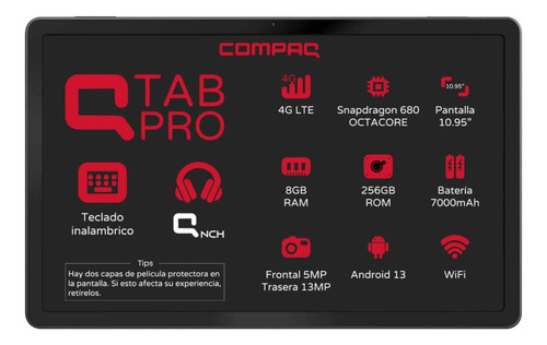 Tablet Compaq QTabPro 10.9" I 8 Ram 256 Gb Android + Teclado/ Funda + Spen + Audifonos