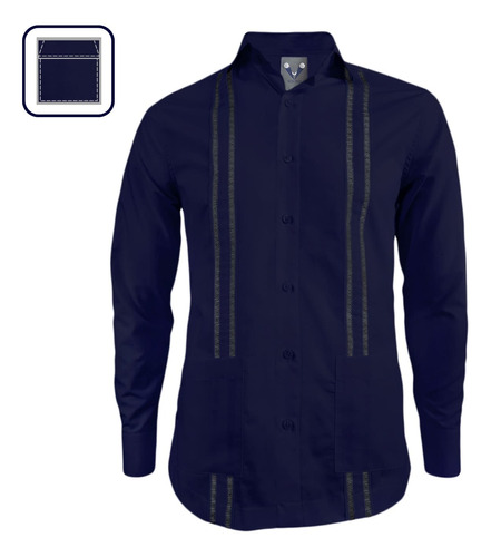 Camisa Guayabera Ocasión Azul Oscuro Bordada Manga Larga 