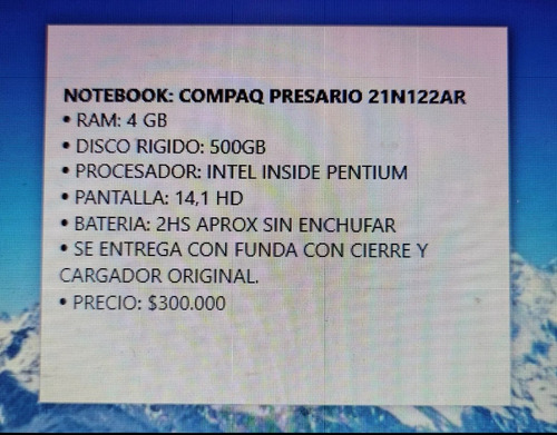 Notebook Compaq Presario 21n122ar 14' 4gb De Ram Usada ! Azul